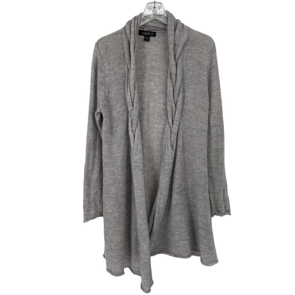 August Silk Tunic Cardigan Sweater Size L Gray Wool Blend Braided Open Front
